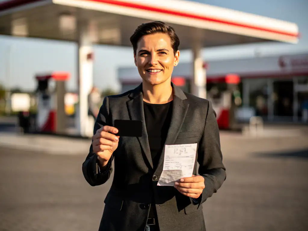 Zakelijke professional houdt tankpas en bonnetje vast bij modern Nederlands tankstation met rood-wit luifel.