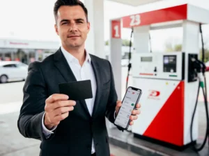 Zakenman met zwarte tankpas bij modern Nederlands tankstation, digitaal rittenregistratie-app zichtbaar op smartphone in andere hand.