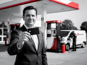 Zakelijke professional in donker colbert met zwarte brandstofpas bij modern Nederlands tankstation, bezorger tankt witte bestelbus op achtergrond.