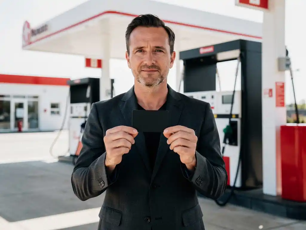 Ondernemer in donker blazer houdt zwarte brandstofpas vast bij modern Nederlands tankstation met witte en rode accenten.