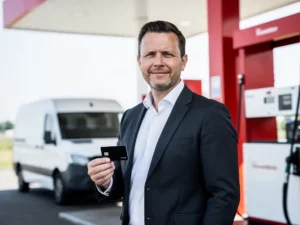 Ondernemer in donker blazer houdt zwarte brandstofpas vast bij modern Nederlands tankstation met rode pompen en witte overkapping.