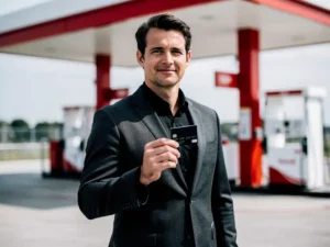 Zakenman in donker blazer houdt tankpas vast bij modern Nederlands tankstation met wit-rode huisstijl.