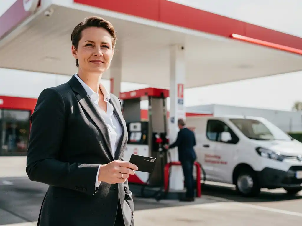 Zakenman in donker blazer houdt brandstofpas vast bij modern Nederlands tankstation met witte overkapping en rode pompverlichting.