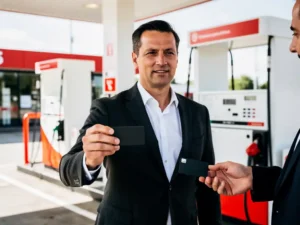 Zakenman in donker blazer overhandigt een zwarte tankpas aan collega bij modern Nederlands tankstation met witte en rode accenten.