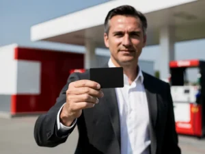 Zakenman in donker blazer houdt brandstofpas vast bij modern Nederlands tankstation met rode en witte signage.