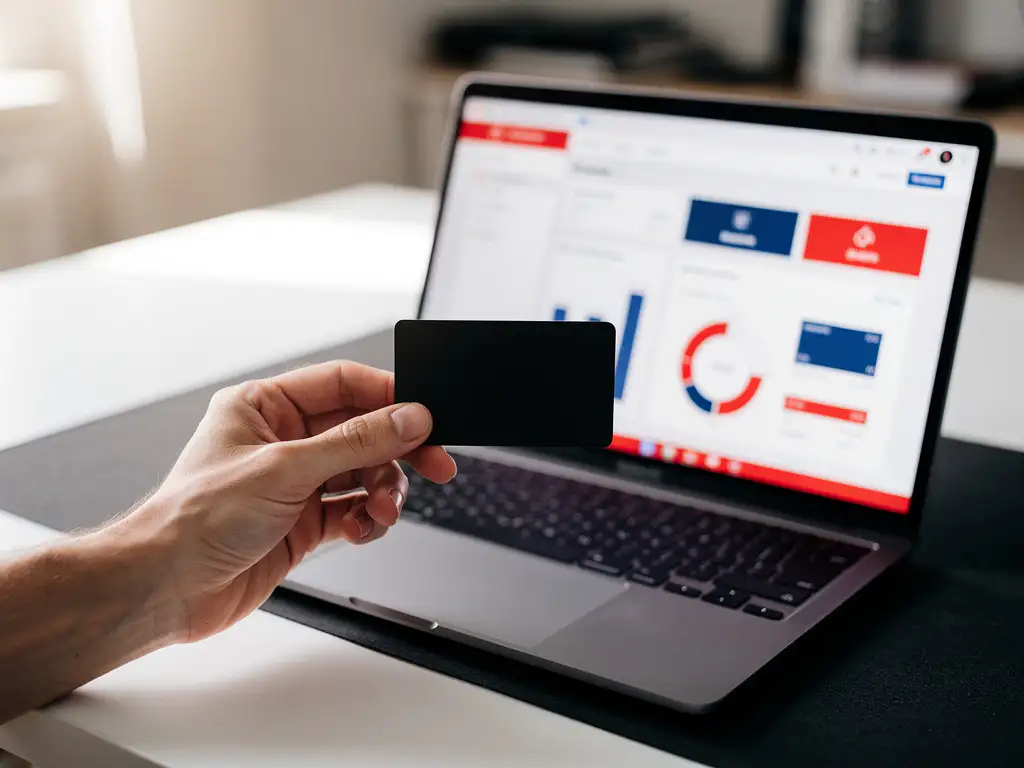 Vlootbeheerder houdt een zwarte brandstofpas boven laptop met rood-blauw fleet management dashboard op wit bureau.