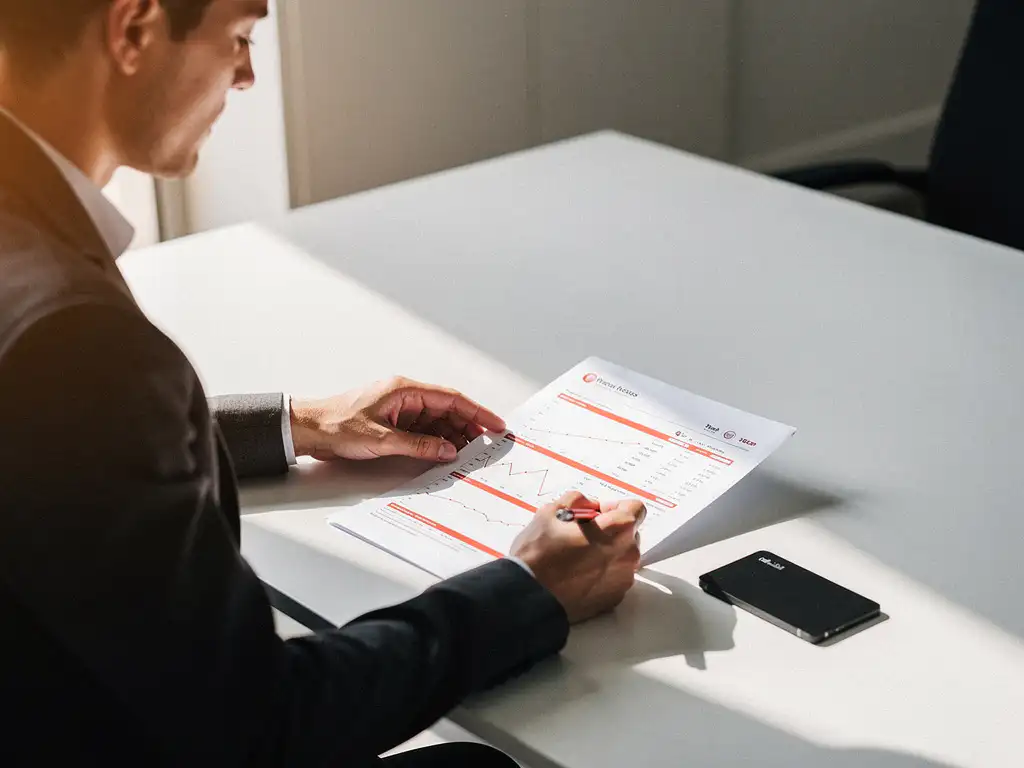 Vlootmanager in donker blazer bestudeert brandstofkostenrapport aan modern bureau met zwarte tankpas ernaast.