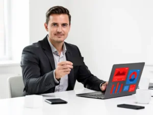 Vlootbeheerder in donker blazer met brandstofpas aan modern bureau met laptop waarop rode en blauwe dashboardgrafieken zichtbaar zijn.