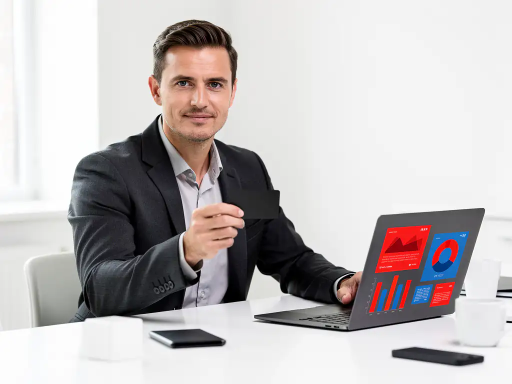 Vlootbeheerder in donker blazer met brandstofpas aan modern bureau met laptop waarop rode en blauwe dashboardgrafieken zichtbaar zijn.