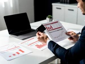 Wagenparkbeheerder met zwarte brandstofpas bekijkt brandstofkostenrapporten aan modern bureau met laptop en rode grafieken.