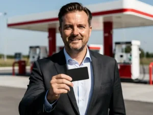 Vlootbeheerder in donker blazer houdt zwarte brandstofpas vast bij modern Nederlands tankstation met rood-witte luifels.