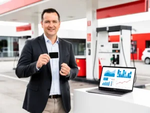 Vlootbeheerder in donker blazer met brandstofpas bij Nederlands tankstation, laptop met datagrafieken op de voorgrond.