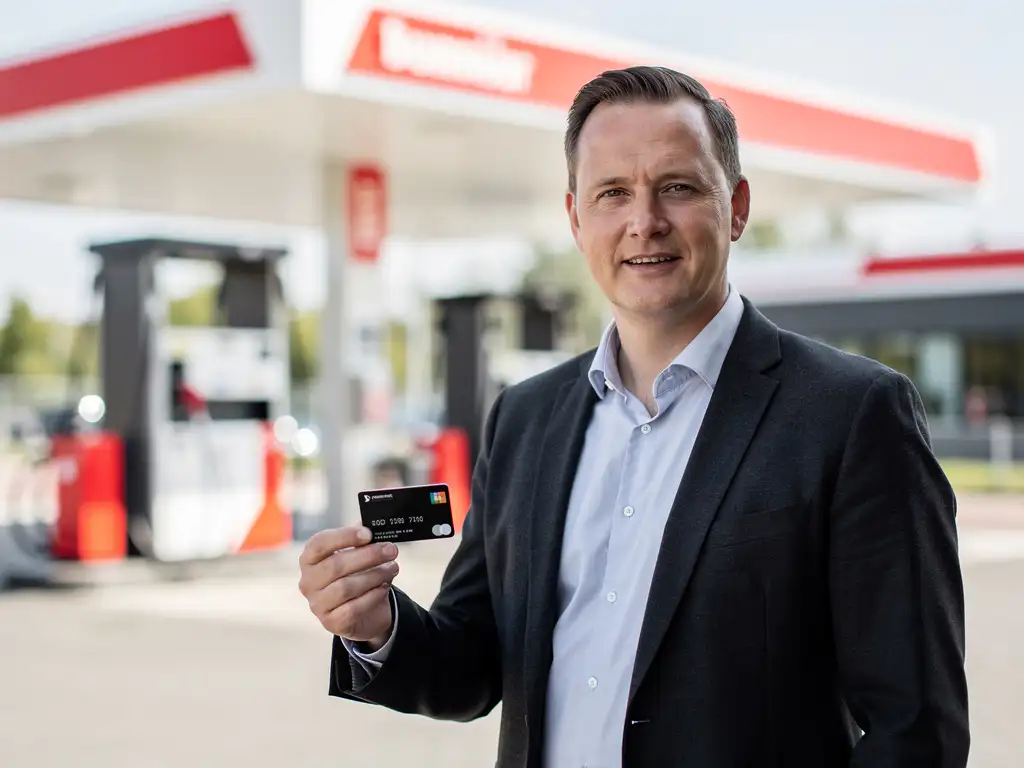 Vlootbeheerder in donker blazer houdt brandstofpas vast bij modern Nederlands tankstation met wit-rood luifel.