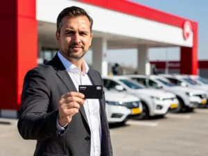 Vlootbeheerder in donker blazer met brandstofpas bij Nederlands tankstation, bedrijfsvoertuigen op achtergrond.