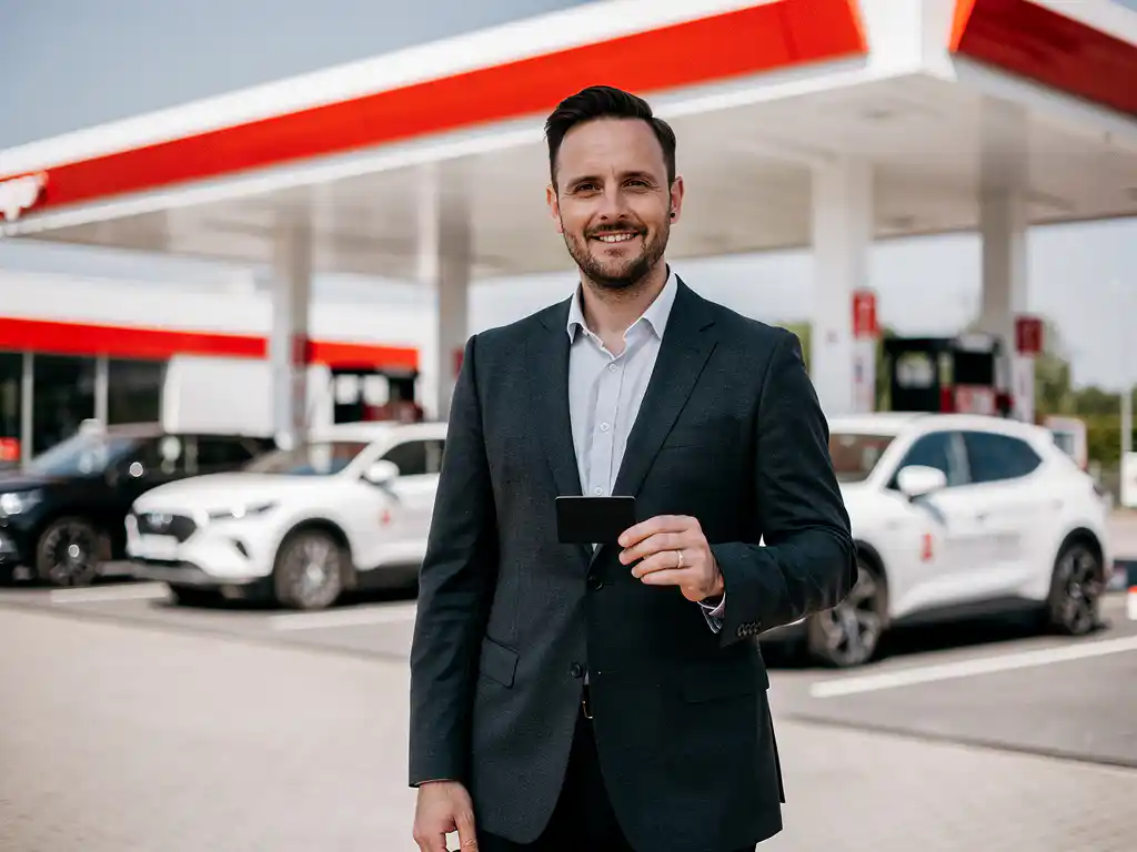 Wagenparkbeheerder in donker blazer houdt zwarte brandstofpas vast bij modern Nederlands tankstation met bedrijfsvoertuigen op achtergrond.