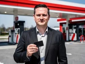 Wagenparkbeheerder in donker blazer houdt zwarte brandstofpas vast bij Nederlands tankstation met wit-rood luifel.