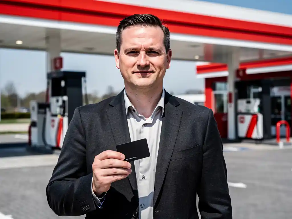 Wagenparkbeheerder in donker blazer houdt zwarte brandstofpas vast bij Nederlands tankstation met wit-rood luifel.