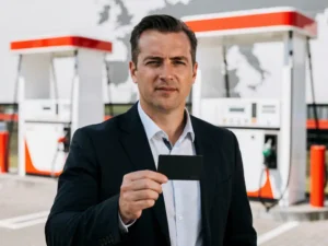 Wagenparkeigenaar in donker blazer met brandstofpas bij modern Nederlands tankstation met witte en rode pompoverkappingen.