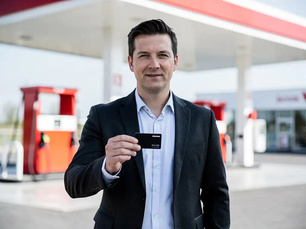Vlootbeheerder in donker blazer houdt brandstofpas vast bij modern Nederlands tankstation met rood accent en wit afdak.