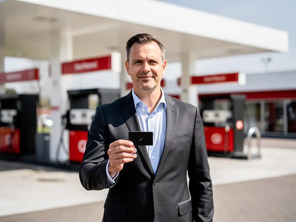 Vlootbeheerder in donker blazer houdt brandstofpas vast bij modern Nederlands tankstation met wit afdak en rode accenten.