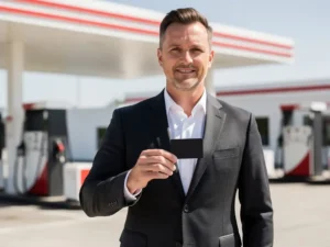 Vlootbeheerder in donker blazer houdt brandstofpas vast bij modern Nederlands tankstation met rood-wit merkbord.