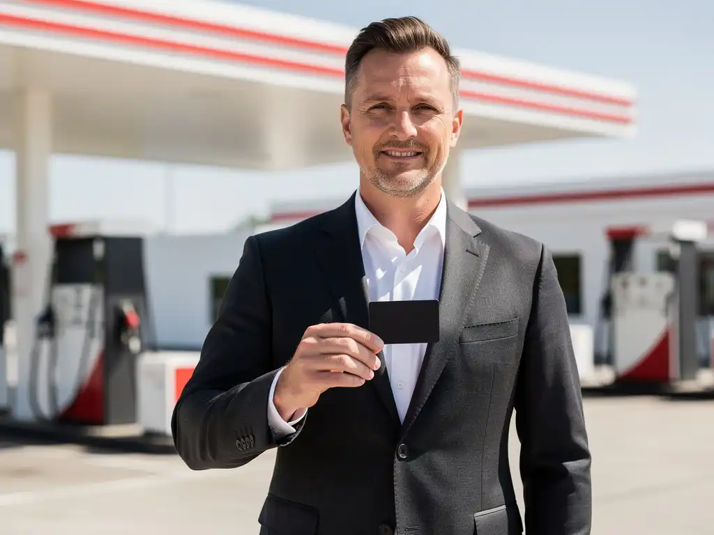 Vlootbeheerder in donker blazer houdt brandstofpas vast bij modern Nederlands tankstation met rood-wit merkbord.