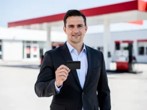 Vlootbeheerder in donker blazer met zwarte brandstofpas bij modern Nederlands tankstation met witte en rode accenten.