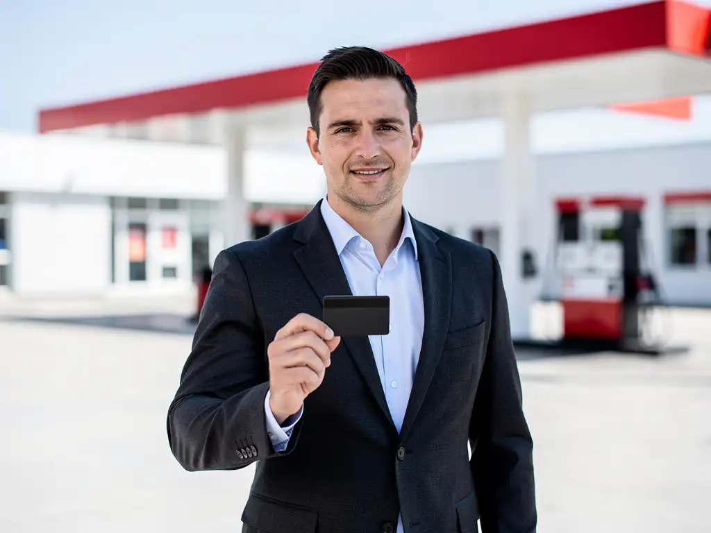Vlootbeheerder in donker blazer met zwarte brandstofpas bij modern Nederlands tankstation met witte en rode accenten.