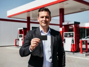 Vlootbeheerder in donker blazer houdt een zwarte brandstofpas vast bij een modern Nederlands tankstation.
