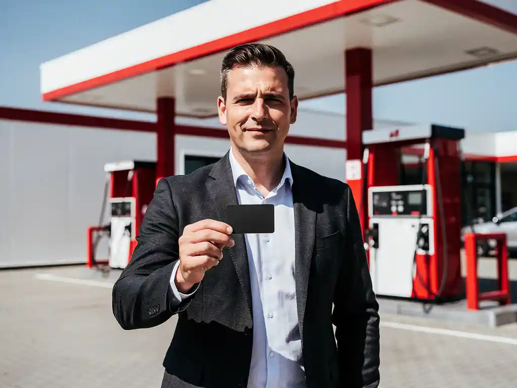 Vlootbeheerder in donker blazer houdt een zwarte brandstofpas vast bij een modern Nederlands tankstation.
