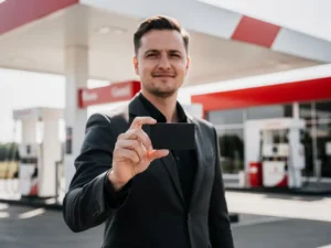 Vlootbeheerder in donker blazer houdt brandstofpas vast bij modern Nederlands tankstation met wit-rode huisstijl.