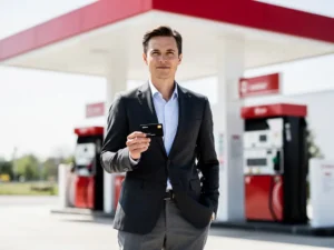 Zakelijke professional in donker blazer met zwarte tankpas bij modern Nederlands tankstation met rood-wit exterieur.