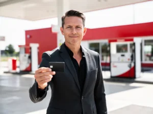 Ondernemer in donker blazer toont zwarte tankpas bij modern Nederlands tankstation met rood-wit kleuraccent.