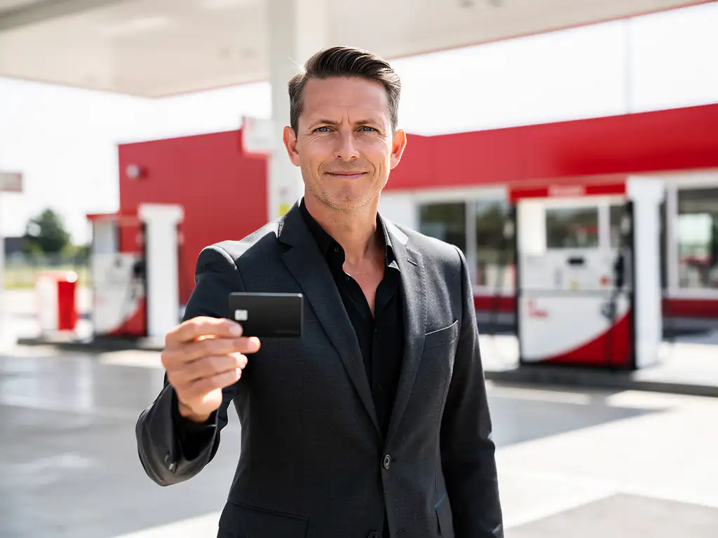 Ondernemer in donker blazer toont zwarte tankpas bij modern Nederlands tankstation met rood-wit kleuraccent.
