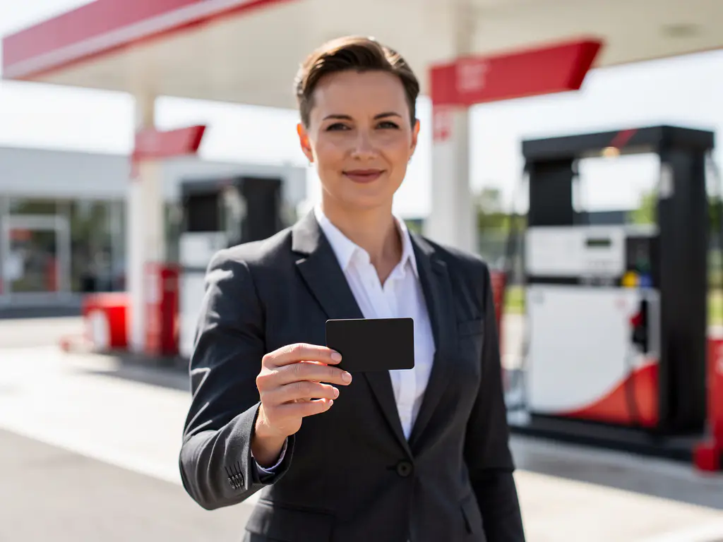 Zakenman in donker blazer houdt een zwarte brandstofpas vast bij een modern Nederlands tankstation.