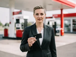 Zakelijke professional in donker blazer houdt zwarte tankpas vast bij modern Nederlands tankstation met wit-rode accenten.
