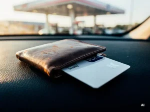 Versleten leren portemonnee met brandstof loyaliteitskaart op autodashboard, tankstation zichtbaar door voorruit.