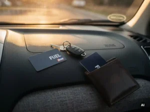 Tankpas op het dashboard naast autosleutels, tweede pas in leren portemonnee op de bijrijdersstoel, warm middaglicht.