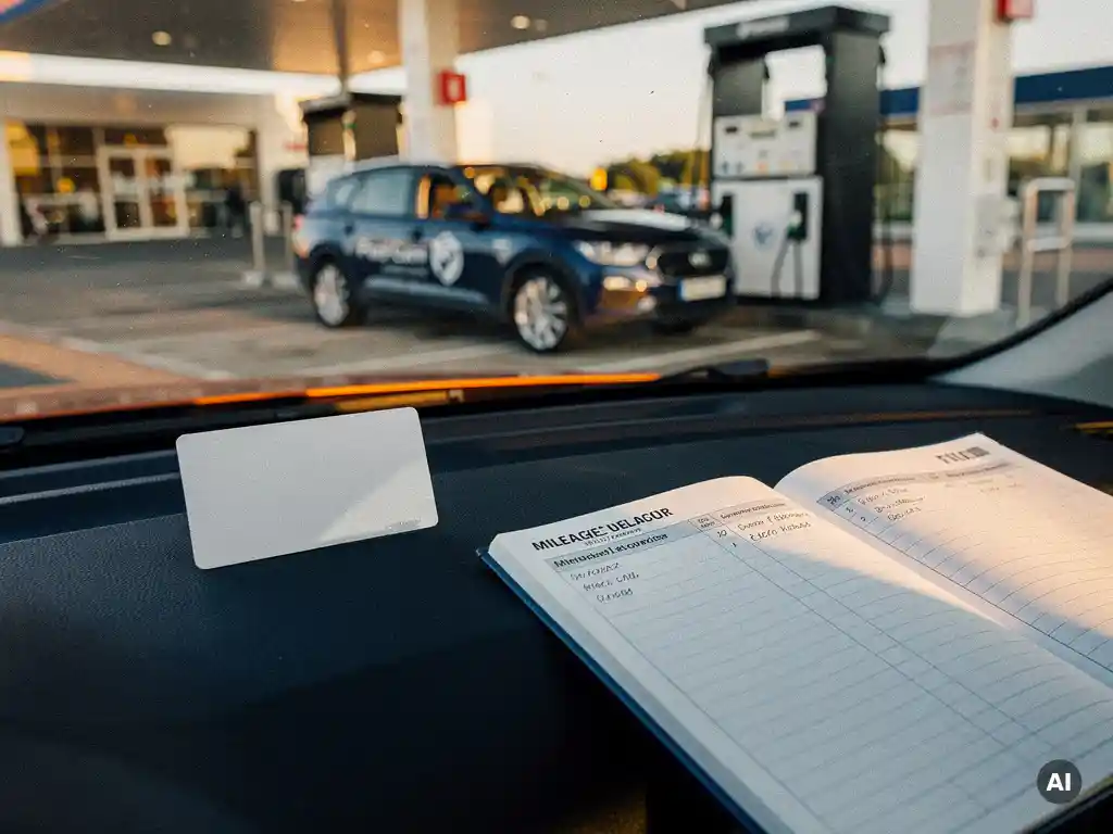Tankpas op autodashboard naast rittenregistratie, bedrijfsauto zichtbaar bij modern tankstation in warm middaglicht.