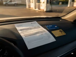 Maandelijkse factuur op een autodashboard naast een brandstofpas en laadpas, met een tankstation op de achtergrond.