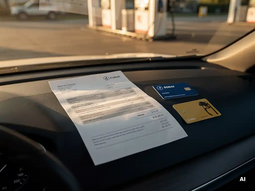 Maandelijkse factuur op een autodashboard naast een brandstofpas en laadpas, met een tankstation op de achtergrond.