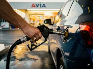 Hand die een brandstofpistool vasthoudt bij een modern tankstation, met een gewassen auto en verlichte winkel op de achtergrond.
