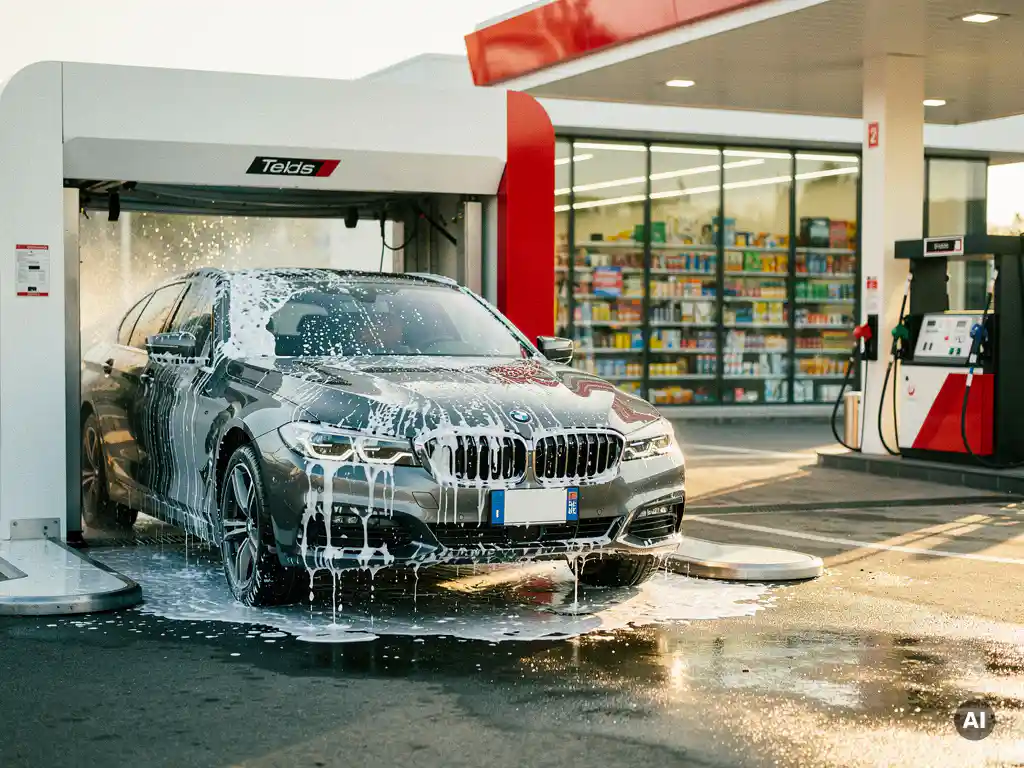 Glanzende auto die uit een moderne wasstraat rijdt op een zonnig tankstation, met zeepschuim op de motorkap en brandstofpompen op de achtergrond.