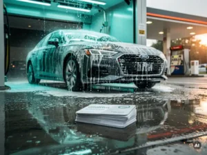 Glanzende auto die een wasstraat verlaat met waterstromen op de motorkap, loyaliteitskaarten op de natte ondergrond, tankstation op de achtergrond.
