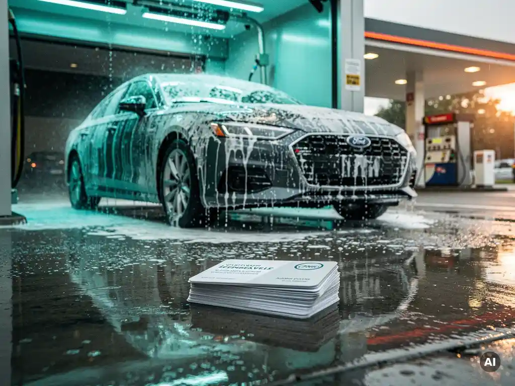 Glanzende auto die een wasstraat verlaat met waterstromen op de motorkap, loyaliteitskaarten op de natte ondergrond, tankstation op de achtergrond.